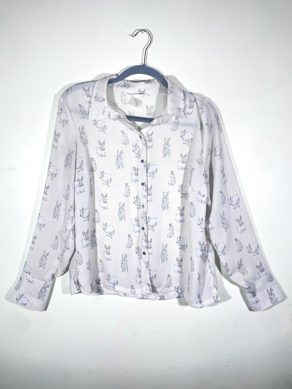 H&M White Bunny Print Button Front Blouse fairycore Cottagecore